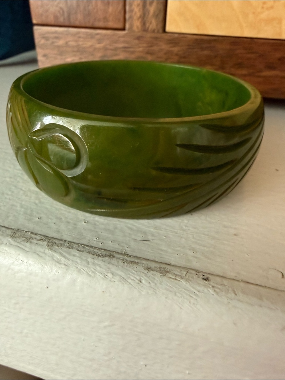 Green Carved Bakelite Bangle Bracelet - Women Jewelry